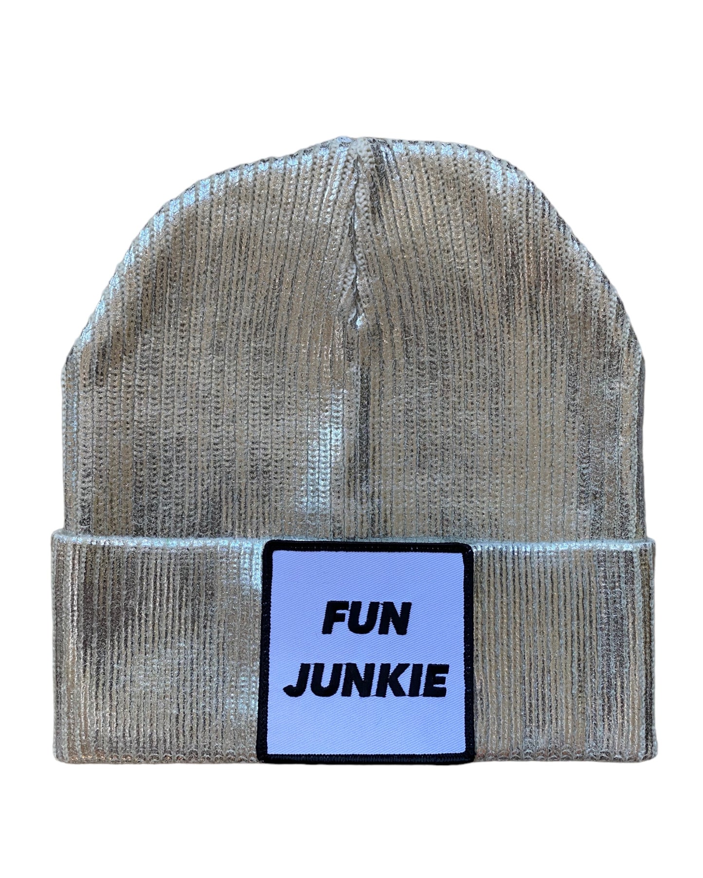 Sparkle, sparkle shiny metallic ‘FUN JUNKIE’ silver beanie w black + white patch