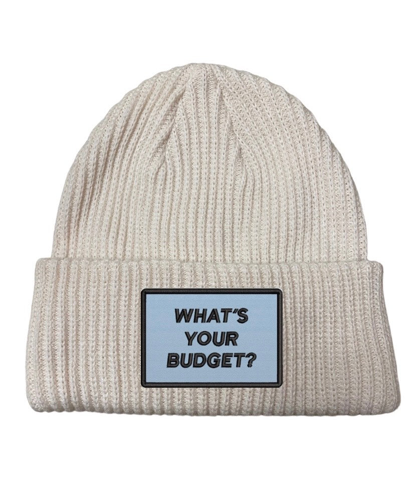 "WHAT’S YOUR BUDGET?" White Knit Beanie